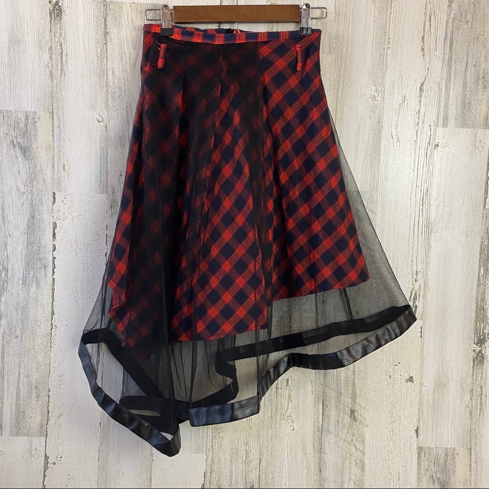 Red Black Checkered Skirt Black Mesh
